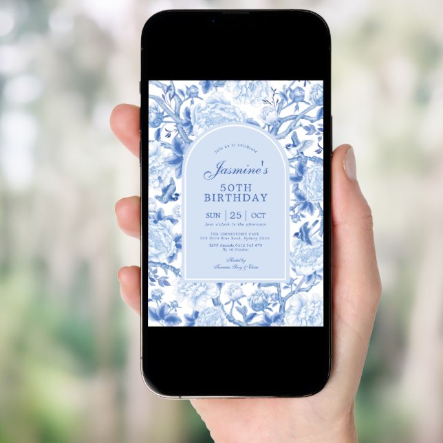 Blue White Chinoiserie Floral Garden 50th Birthday Invitation (Front Digital)