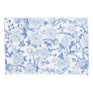 Blue White Chinoiserie Floral Garden Porcelain Pillow Case