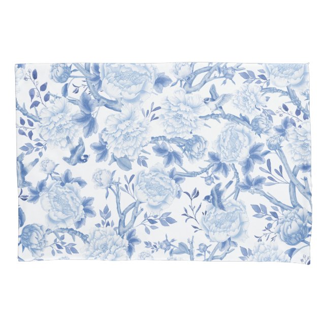 Blue White Chinoiserie Floral Garden Porcelain Pillow Case (Front)