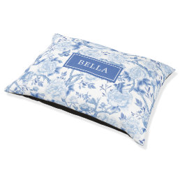 Blue White Chinoiserie Floral Hampton Monogram Pet Bed