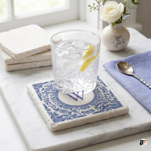 Blue & White Chinoiserie Floral Monogram Stone Coaster