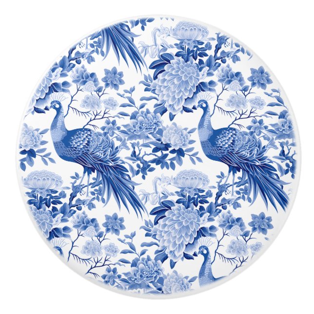 Blue White Chinoiserie Floral Peacock Birds Ceramic Knob (Front)