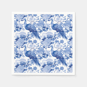 Blue White Chinoiserie Floral Peacock Birds Napkins