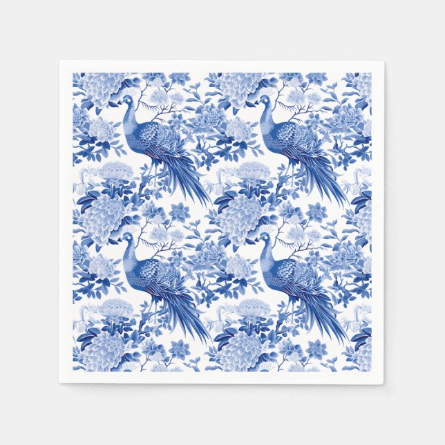 Blue White Chinoiserie Floral Peacock Birds Napkins (Front)