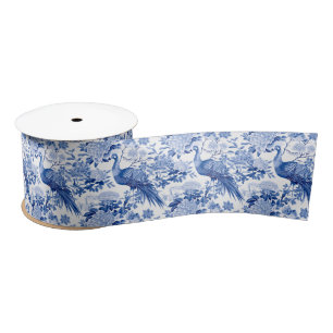Blue White Chinoiserie Floral Peacock Birds Satin Ribbon