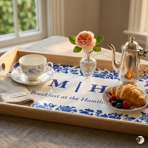 Blue & White Chinoiserie Floral Personalized Monog Serving Tray