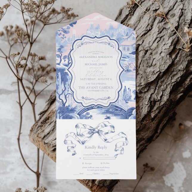 Blue White Chinoiserie Floral Porcelain Wedding All In One Invitation (Creator Uploaded)