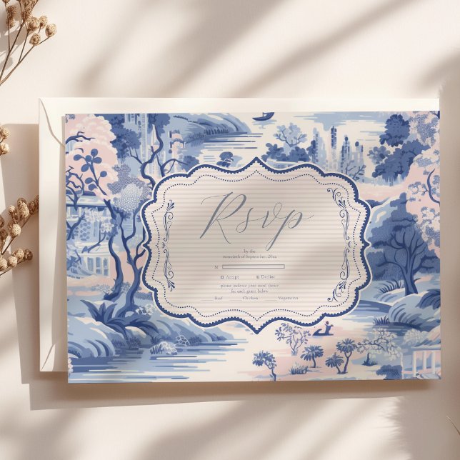Blue White Chinoiserie Floral Porcelain Wedding RSVP Card (Creator Uploaded)
