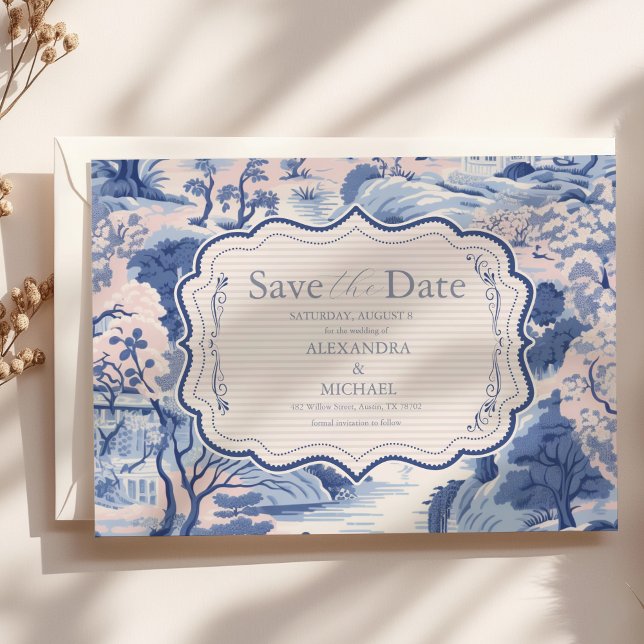 Blue White Chinoiserie Floral Porcelain Wedding Save The Date (Creator Uploaded)