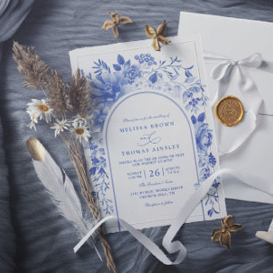 Blue White Chinoiserie Floral QR Code Wedding Invitation