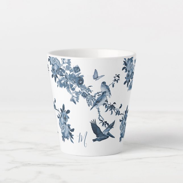 Blue White Chinoiserie Floral Stylish Monogram Latte Mug (Front)