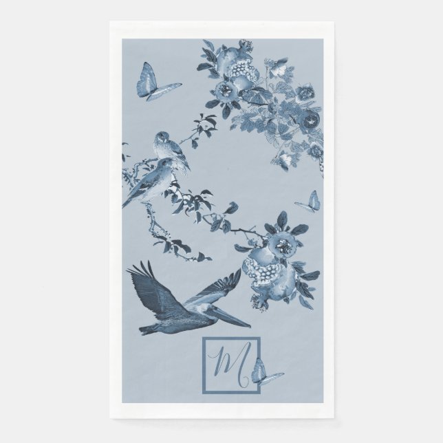 Blue White Chinoiserie Floral Stylish Monogram Paper Guest Towels (Front)