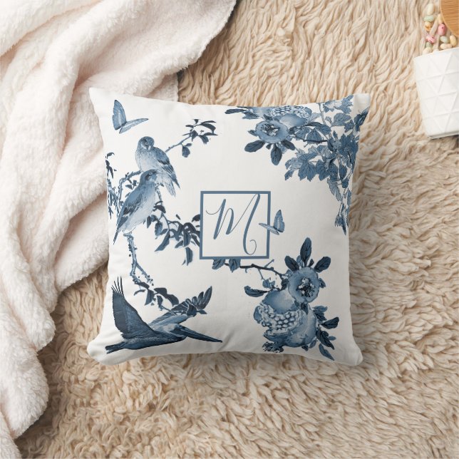 Blue White Chinoiserie Floral Stylish Monogram Throw Pillow (Blanket)