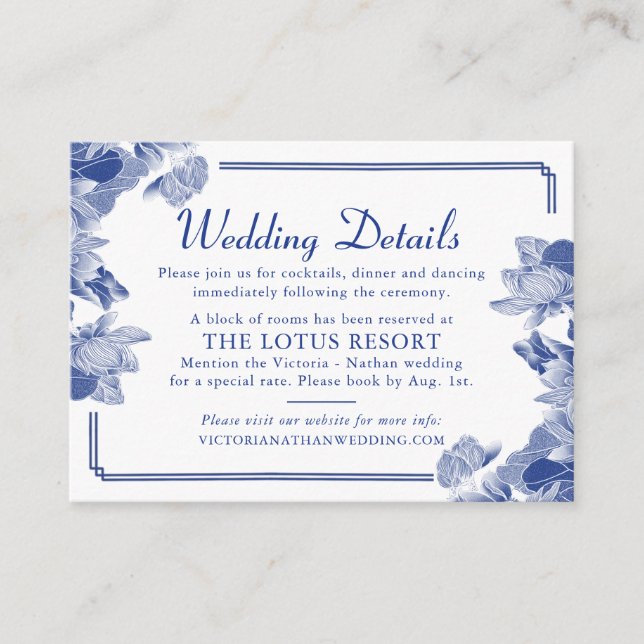 Blue & White Chinoiserie Floral Wedding Details  Enclosure Card (Front)