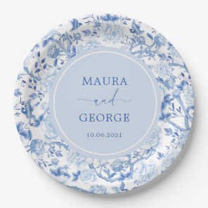 Blue White Chinoiserie Floral Wedding Monogram Paper Plates