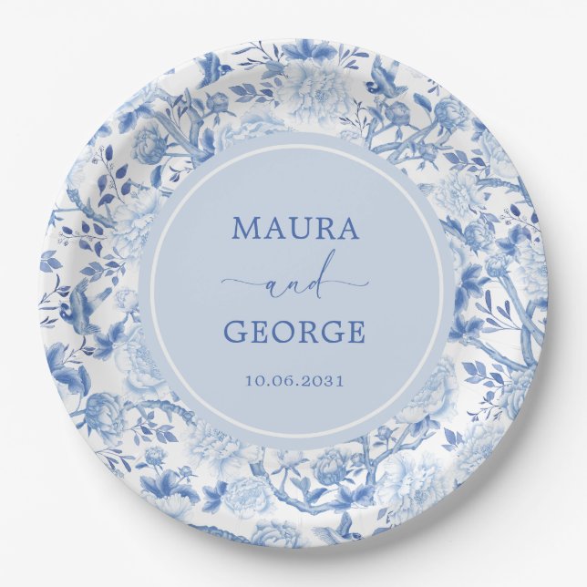 Blue White Chinoiserie Floral Wedding Monogram Paper Plates (Front)