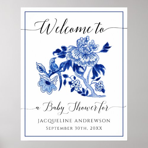 Blue White Chinoiserie Floral Welcome Baby Shower Poster