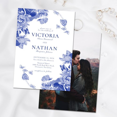 Blue White Chinoiserie Floral with Photo Wedding Invitation