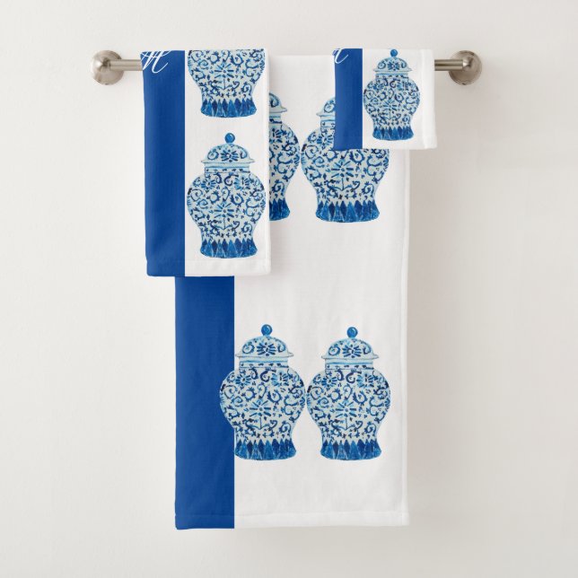 Blue White Chinoiserie Ginger Jar Jars  Bath Towel Set (Insitu)