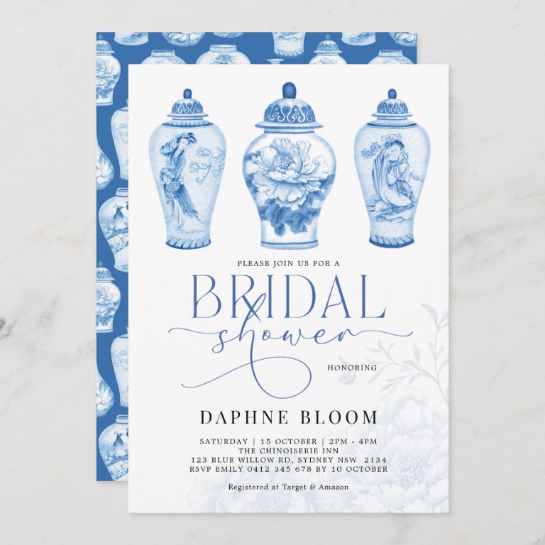 Blue White Chinoiserie Ginger Jars Bridal Shower                    Invitation