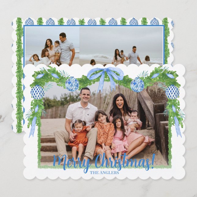 Blue & White Chinoiserie Greenery, Grandmillenial  Holiday Card (Front/Back)