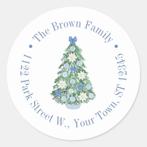 Blue White Chinoiserie Holiday Tree Return Address Classic Round Sticker