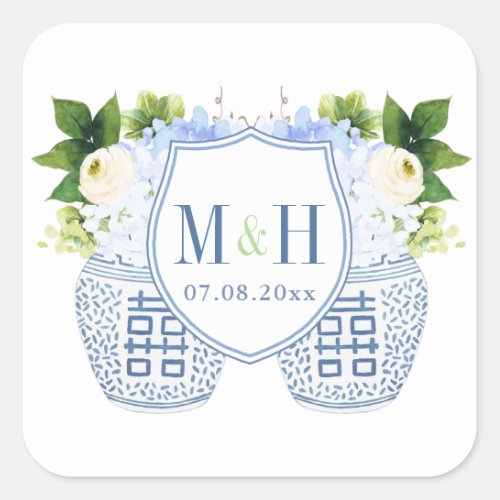 Blue  White Chinoiserie Initials And Date Wedding Square Sticker