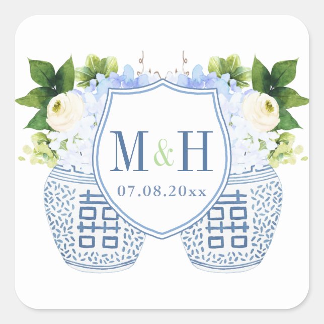 Blue & White Chinoiserie Initials And Date Wedding Square Sticker (Front)