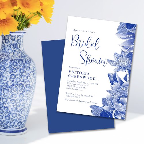 Blue White Chinoiserie Lotus Floral Bridal Shower Invitation