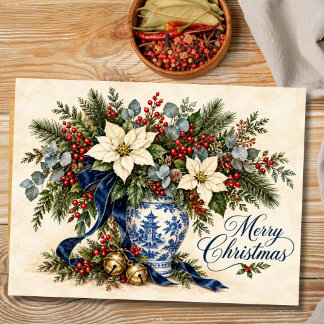 Blue White Chinoiserie Merry Christmas Floral Gift Cutting Board