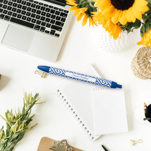 Blue White Chinoiserie Monogram Aztec Style Pen
