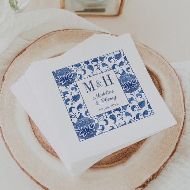 Blue & White Chinoiserie Monogram Wedding Party Napkins (Blue and white monogram wedding shower napkins with Chinoiserie chic blue and white pattern)