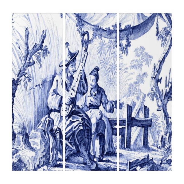 Blue White Chinoiserie Oriental Wall Art Triptych (Front)