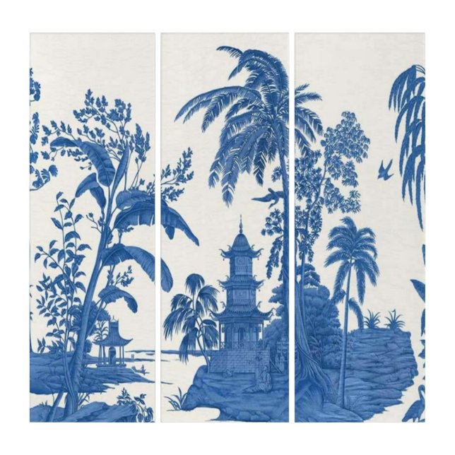 Blue White Chinoiserie Oriental Wall Art Triptych (Front)