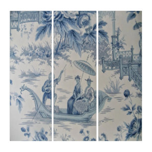 Blue White Chinoiserie Oriental Wall Art Triptych