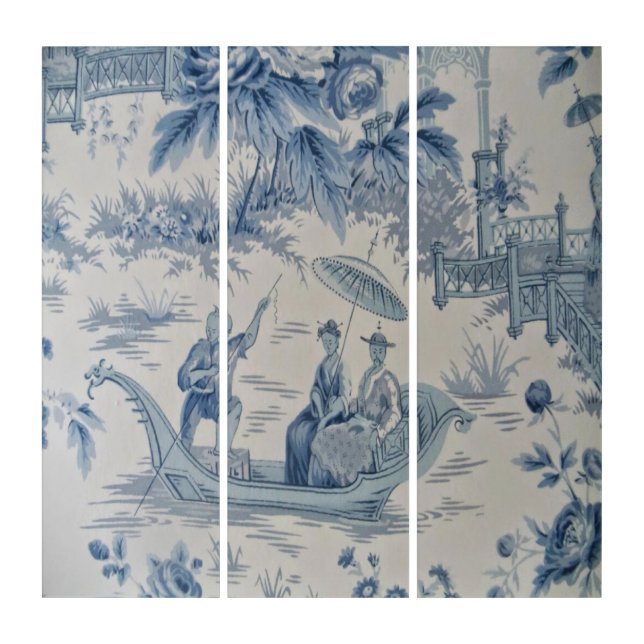 Blue White Chinoiserie Oriental Wall Art Triptych (Front)