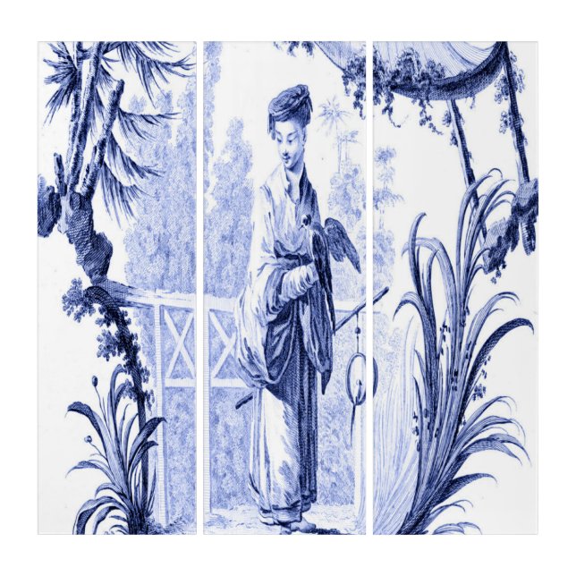 Blue White Chinoiserie Oriental Wall Art Triptych (Front)