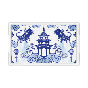 Blue & White Chinoiserie Pagoda Acrylic Tray