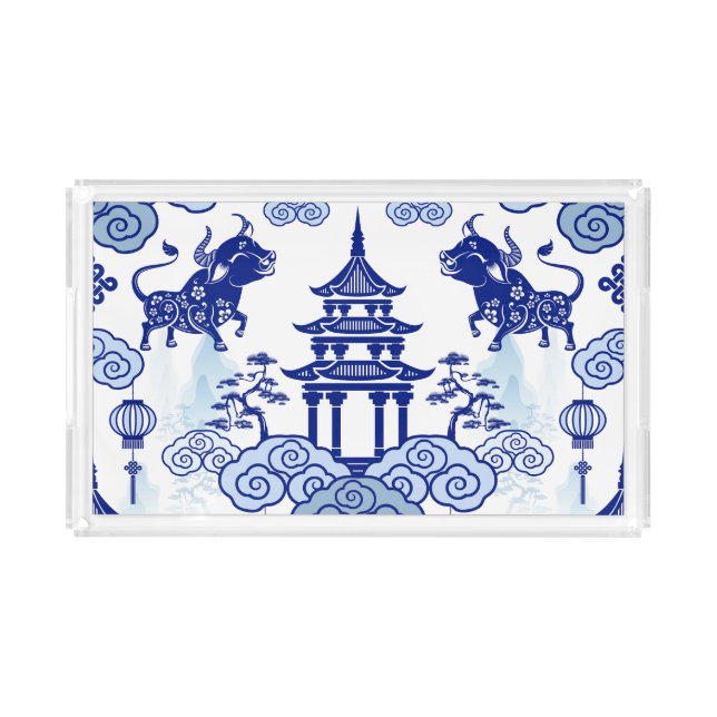 Blue & White Chinoiserie Pagoda Acrylic Tray (Front)