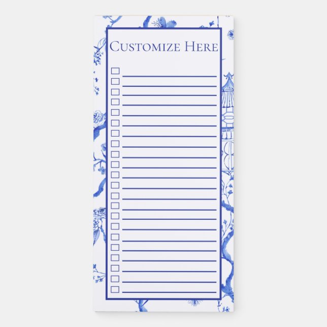 Blue & White Chinoiserie Pagoda Magnetic Notepad (Front)