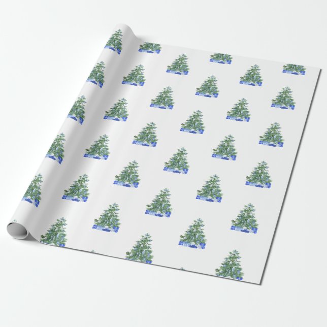 Blue White Chinoiserie Pottery Christmas Tree Gift Wrapping Paper (Unrolled)