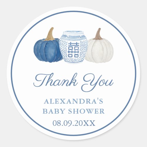 Blue  White Chinoiserie Pumpkin Shower Thank You  Classic Round Sticker