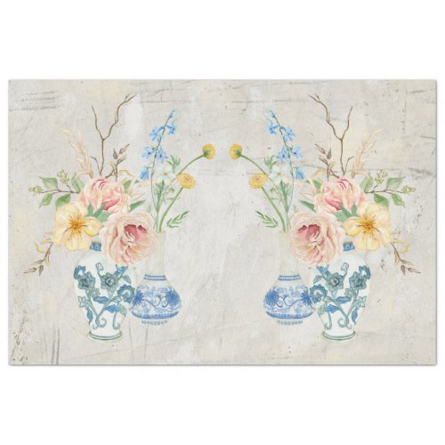 Blue White Chinoiserie Rose Peony Floral Bouquet Tissue Paper