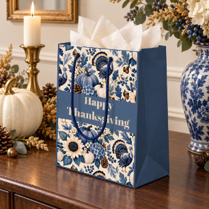 Blue White Chinoiserie Thanksgiving Turkey Floral Medium Gift Bag