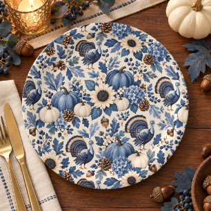 Blue White Chinoiserie Thanksgiving Turkey Floral Paper Plates