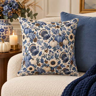 Blue White Chinoiserie Thanksgiving Turkey Floral Throw Pillow
