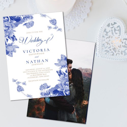 Blue White Chinoiserie with Photo Floral Wedding   Invitation