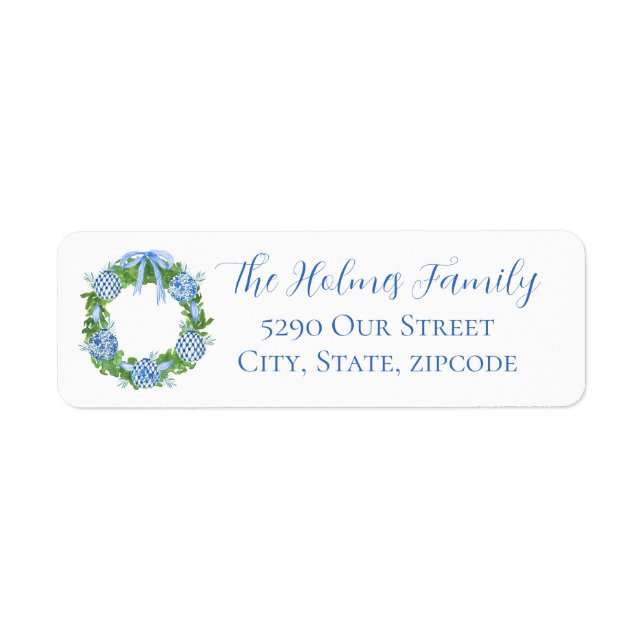 Blue & White Chinoiserie Wreath Christmas, Holiday Label (Front)