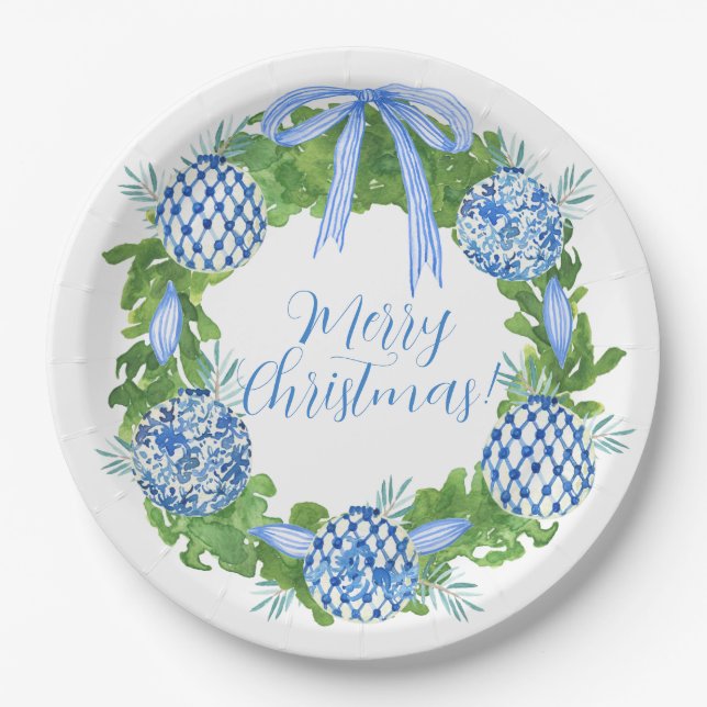 Blue & White Chinoiserie Wreath Christmas Paper Plates (Front)