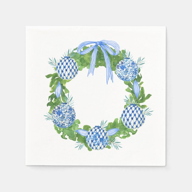 Blue & White Chinoiserie Wreath ,Grandmillenial Napkins (Front)